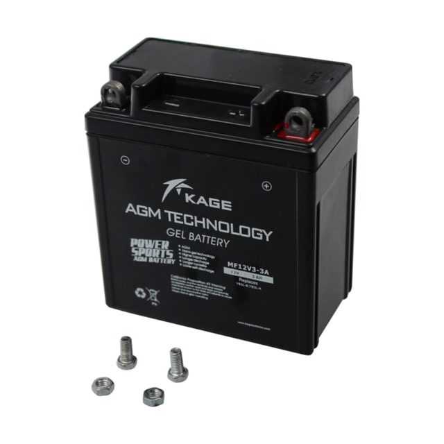Batterie moto YB3L-B au gel, vue de face avec ses deux bornes