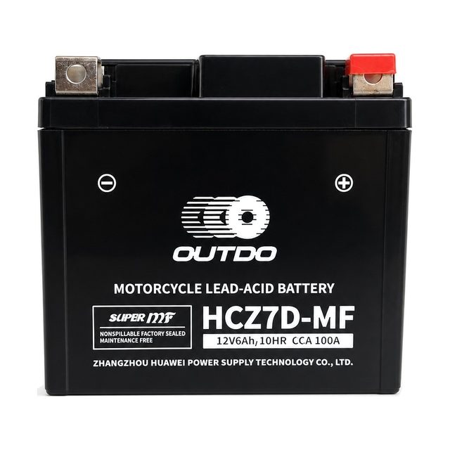 OUTDO HCZ7D-MF, batterie moto YTZ7S vue de face avec ses deux bornes