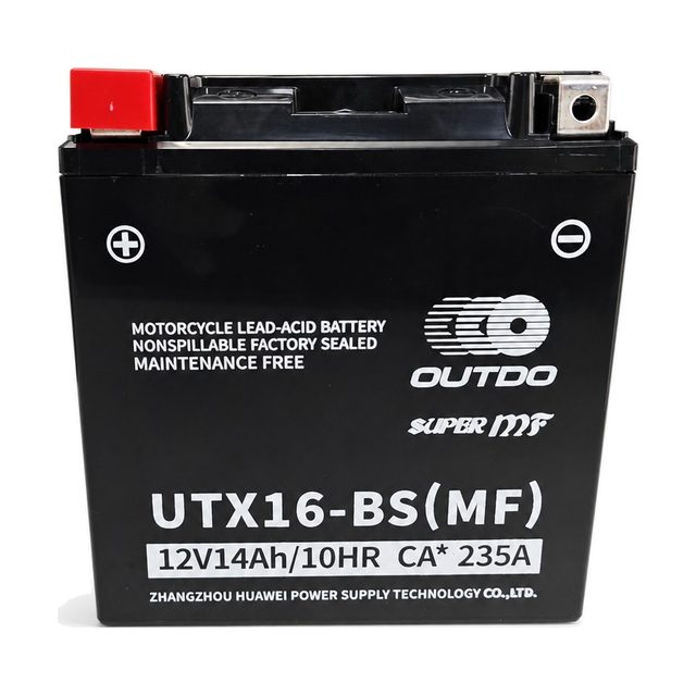 OUTDO UTX16-BS, batterie moto YTX16-BS vue de face avec ses deux bornes