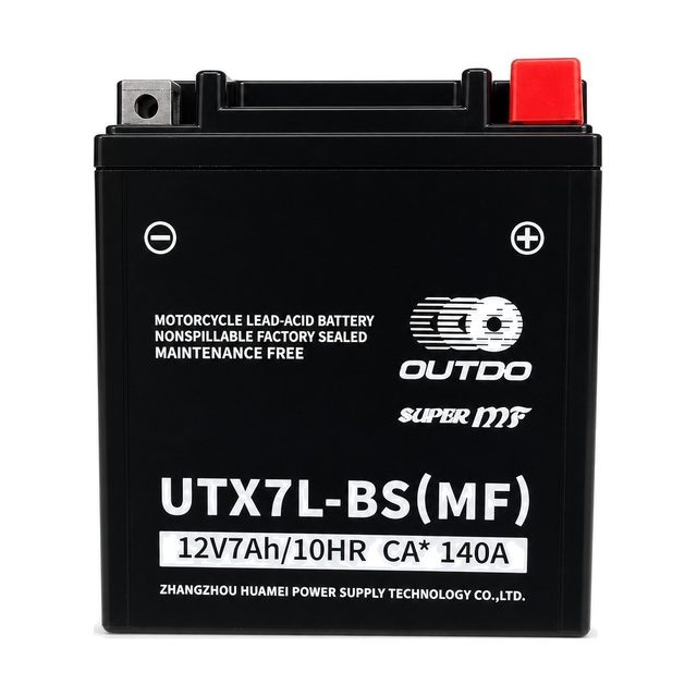 OUTDO UTX7L-BS, batterie moto YTX7L-BS vue de face avec ses deux bornes