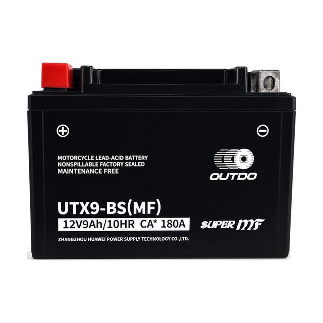 OUTDO UTX9-BS, batterie moto YTX9-BS vue de face avec ses deux bornes