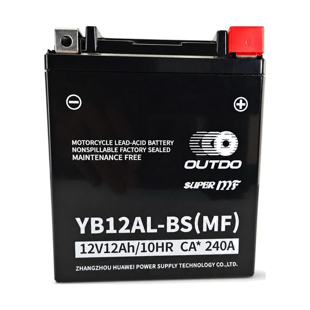 OUTDO YB12AL-BS, batterie moto YB12AL-A2 vue de face avec ses deux bornes