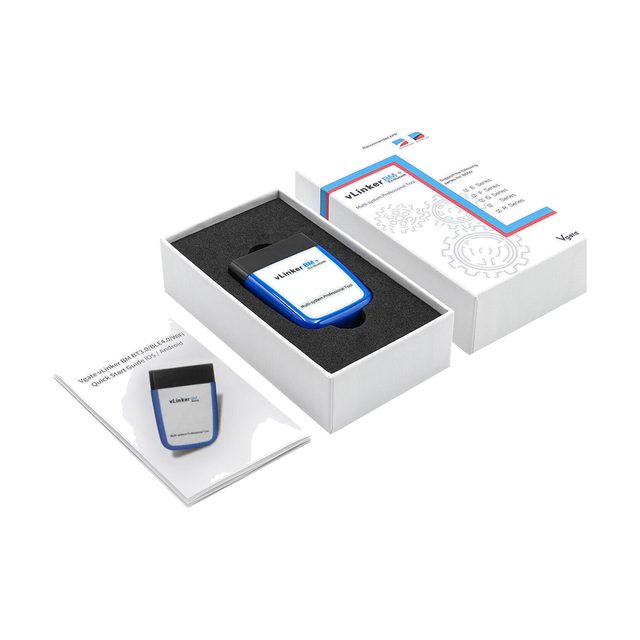 Vgate vLinker BM+ bleu et blanc dans sa boîte ouverte, à côté de la notice