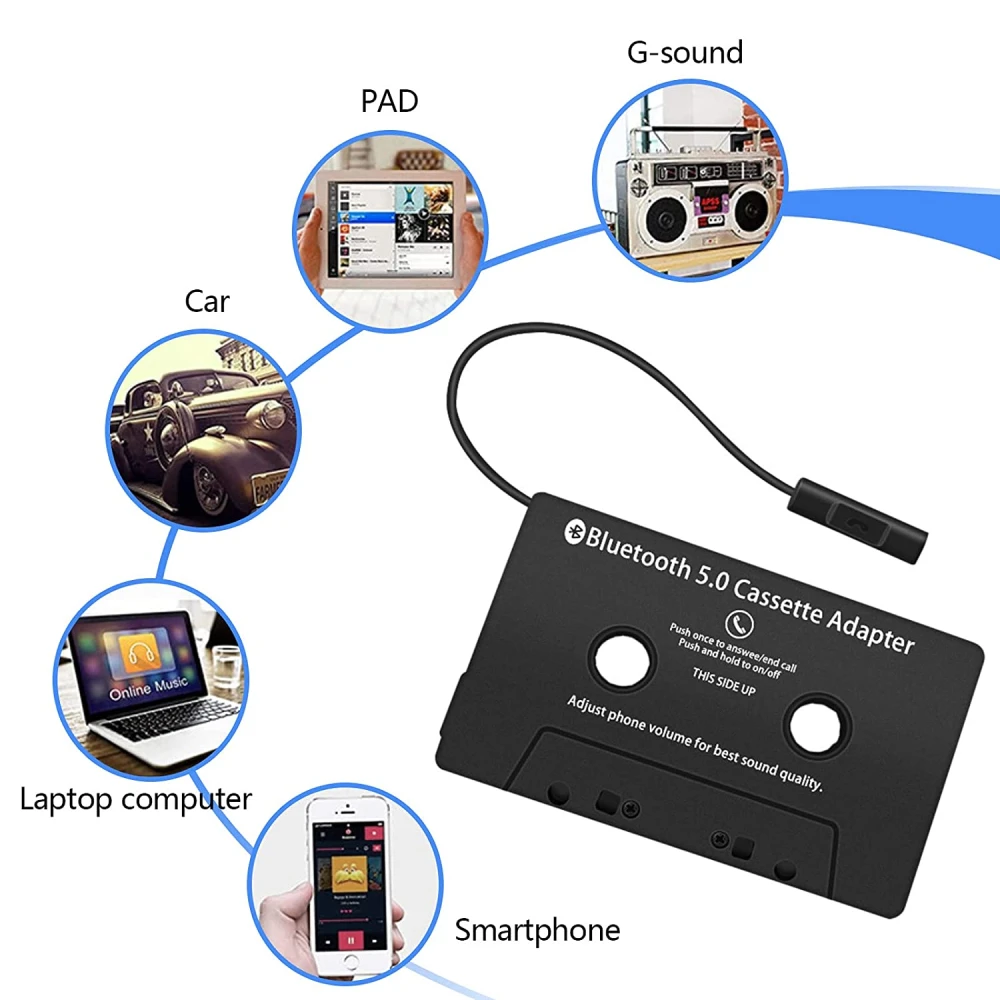 Vista del adaptador de casete bluetooth para coche con Bluetooth 5.0