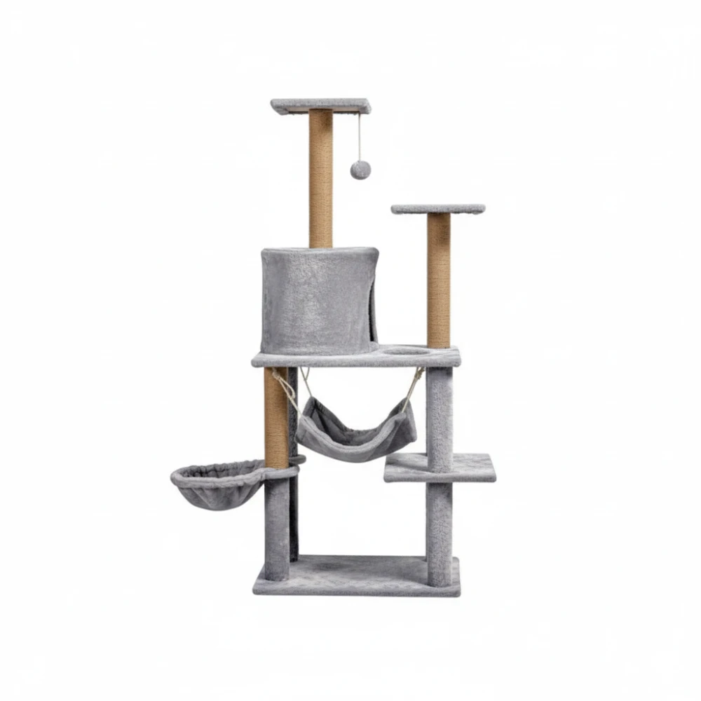 Arbre à chat 125 cm avec hamac, niche et poteaux en sisal