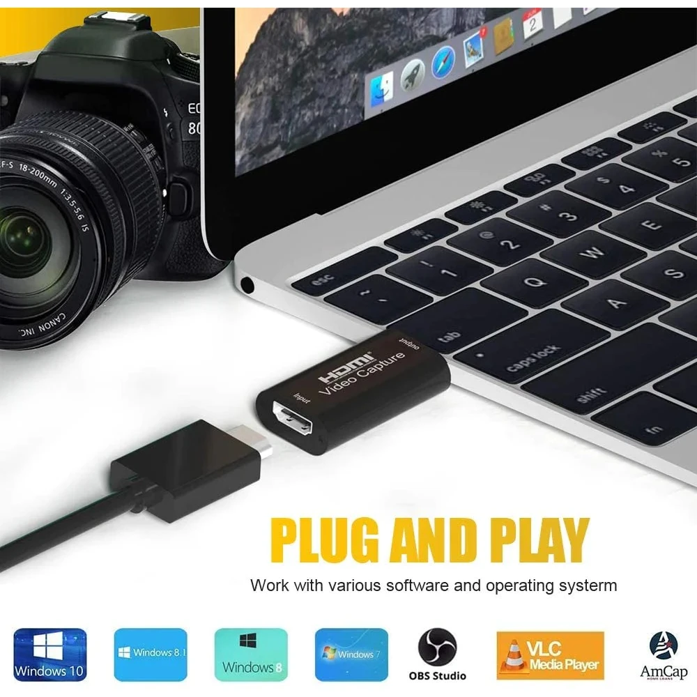 Capturadora de video USB HDMI mostrando conexión a PC para grabación