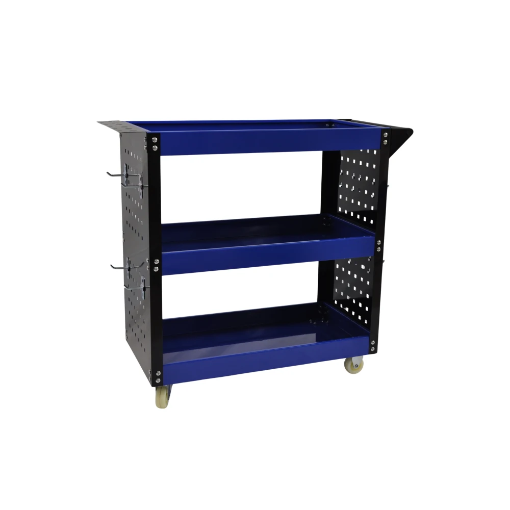 Chariot d’atelier professionnel 3 étagères avec plateaux latéraux et crochets pour organiser votre atelier