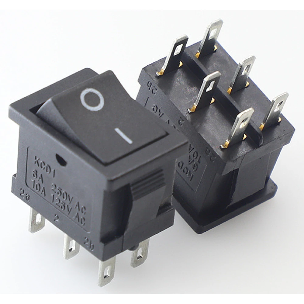 Detalle de los 6 pines del interruptor basculante KCD1-202 negro