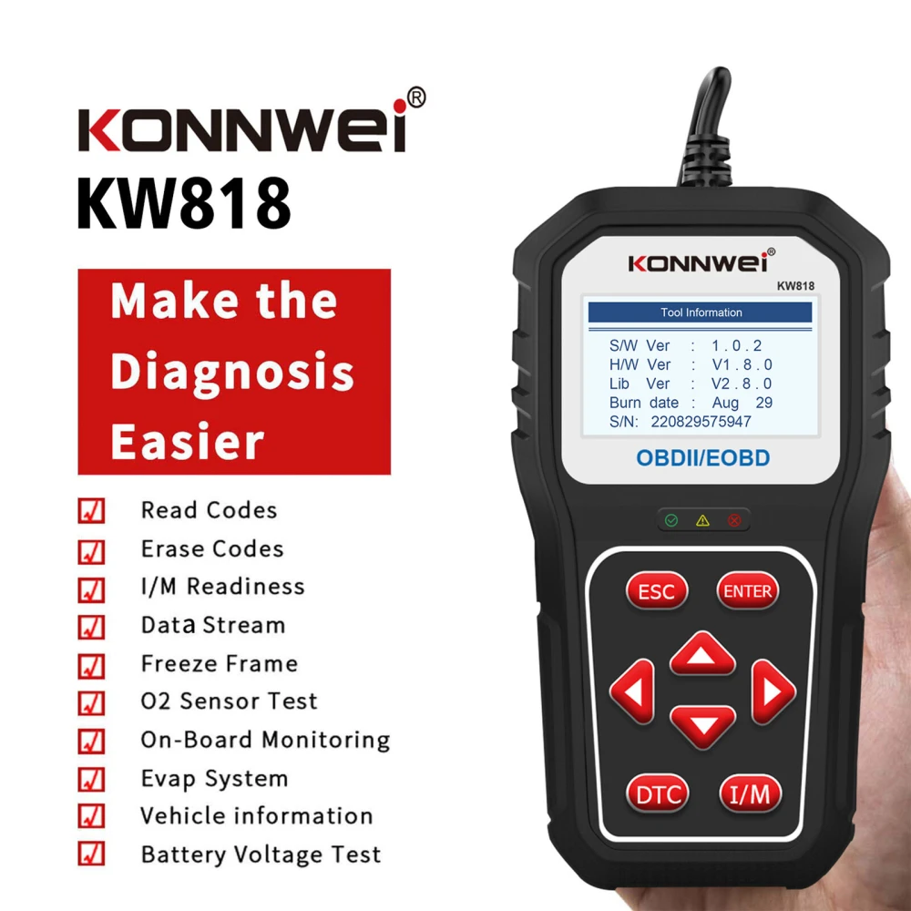 KONNWEI KW818 OBD2 : lecteur de codes OBDII pour voitures depuis 1996