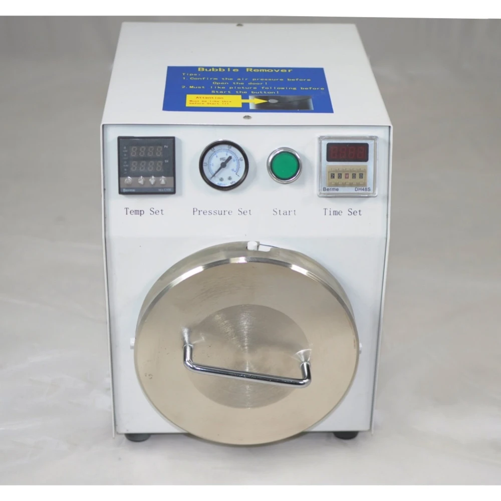 Vista lateral del Mini Autoclave alta presión para pantallas LCD con tapa de acero y soporte interior