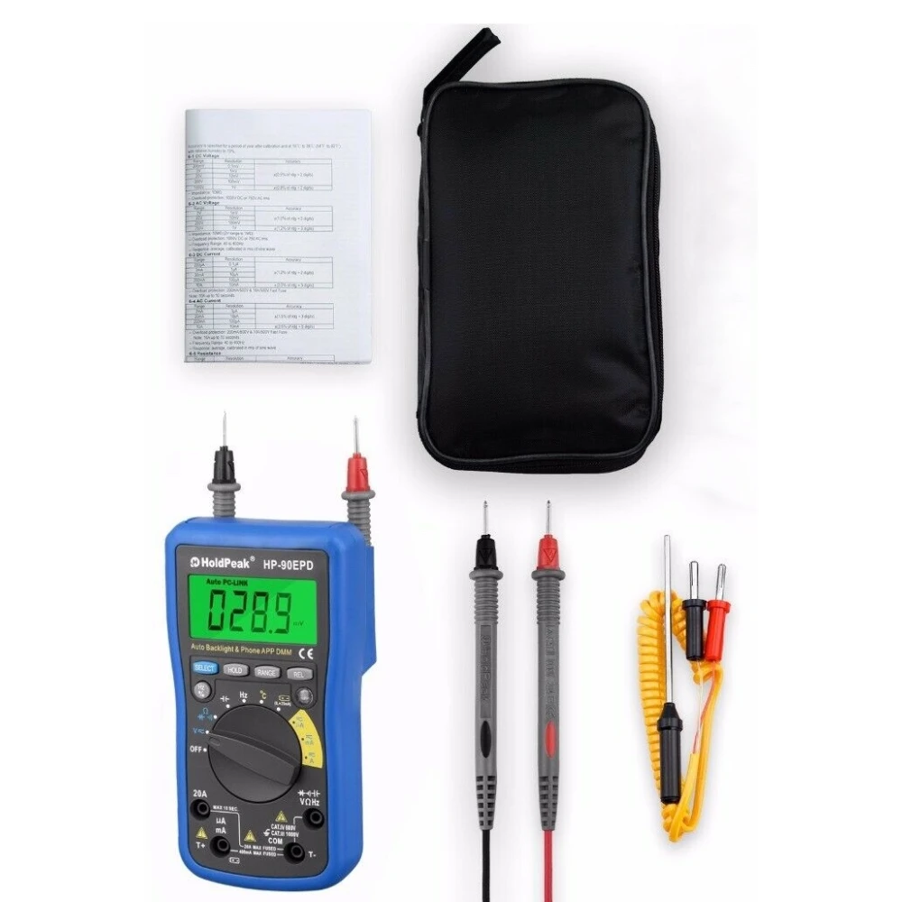 Multímetro digital HoldPeak HP-90EPD en uso con app móvil en smartphone