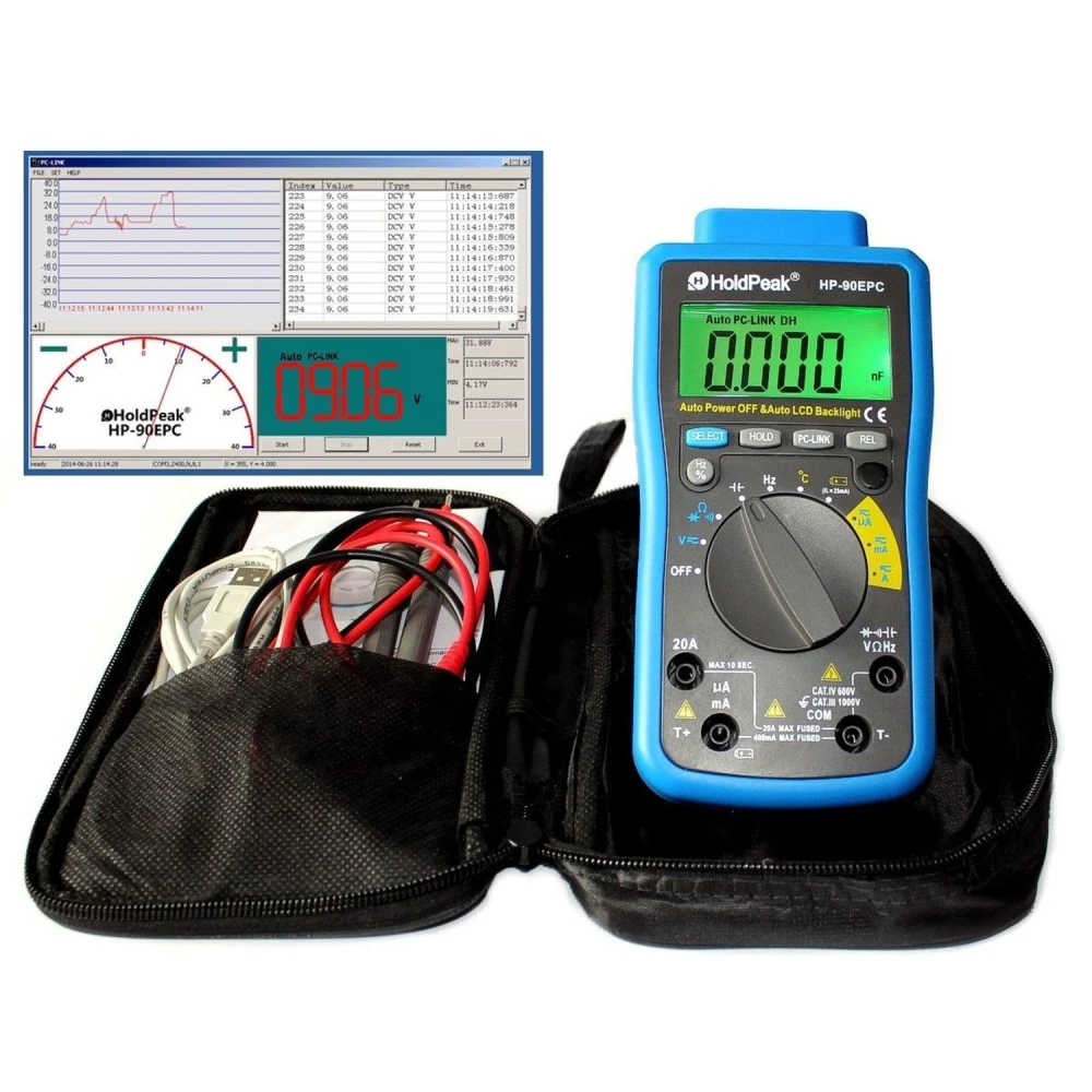 Multímetro digital HP-90EPC HoldPeak en uso con cables de prueba conectados