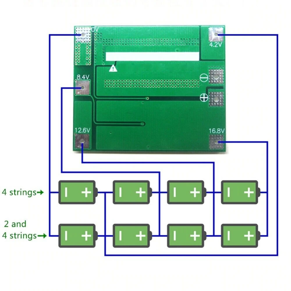 Detalle de la placa de protección PCB 4S 40A para batería de litio versión mejorada